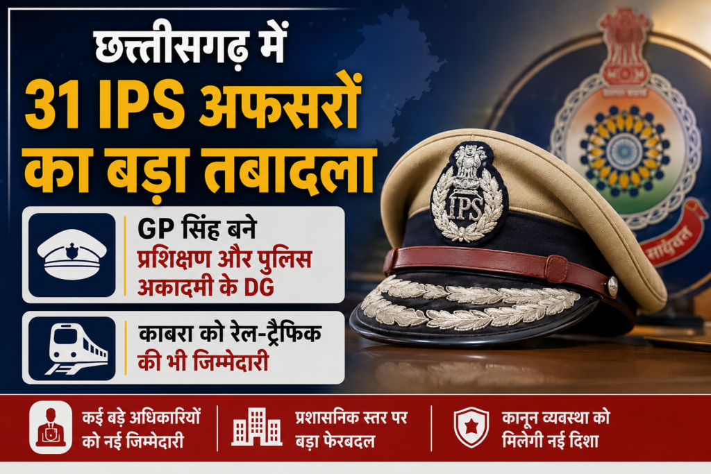 छत्तीसगढ़ में 31 IPS अफसरों का बड़ा तबादला, GP सिंह को प्रशिक्षण और पुलिस अकादमी की कमान